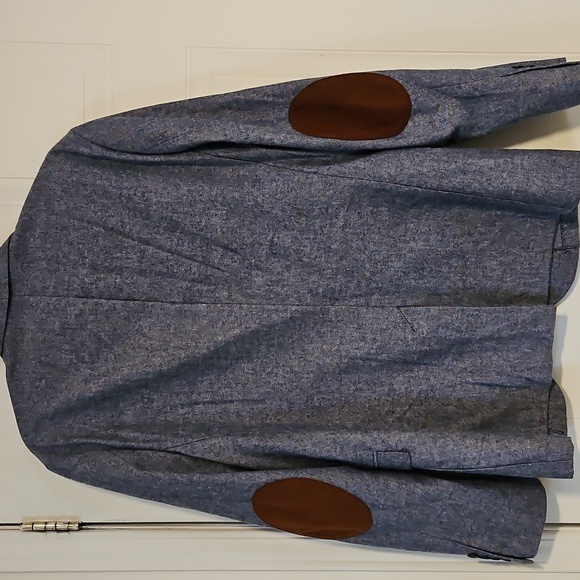 H&M Mens Medium Linen Blazer Blue Elbow Patches Slim Fit Sport Coat Jacket - Picture 3 of 4